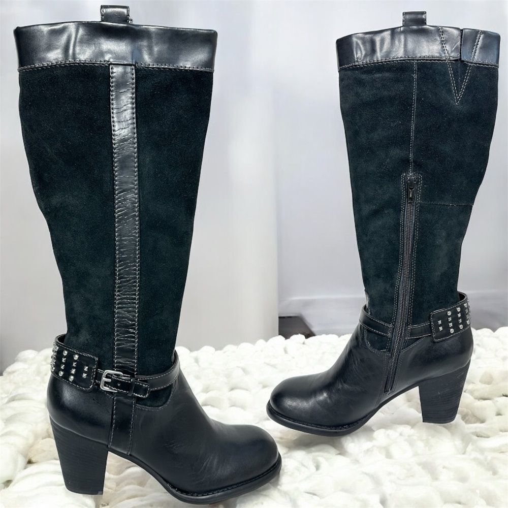 Naturalizer Glassy Studded Tall Boots Women Sz 9M Black Leather Suede Block Heel
